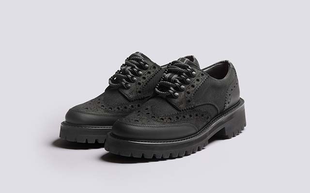 Grenson Ava Tech Womens Brogues in Black Reining Suede GRS212649